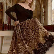 Spódnice - TEMU Spódnica damska w leopardzie z koronkowym wykończeniem, wysoka z gumką, rozkloszowana spódnica z plisowanym dołem w leopardzie - miniaturka - grafika 1