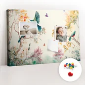 Tablice i flipcharty - Szkolna Tablica korkowa 60x40 cm, Kolorowe Pinezki, wzór Kwiaty ptaki natura - miniaturka - grafika 1