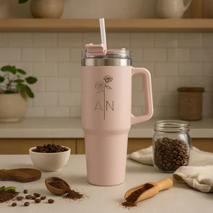 Kubek termiczny ze słomką i grawerem dla niej - Różowa chwila - Kubki termiczne - miniaturka - grafika 1