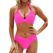 Stroje kąpielowe - Modny Dwuczęściowy Strój Kąpielowy Różowy Modelujące Bikini Wiązane S - miniaturka - grafika 1