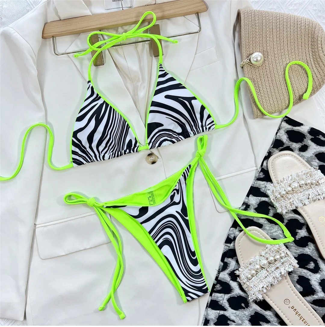 Strój Kąpielowy BIKINI Stringi Neon Wiązane Zebra - M