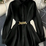 Koszule damskie - TEMU Czarna koszula damska w stylu francuskim ozdobiona złotym paskiem - bluzka z długim rękawem i ostrym kołnierzykiem, wykonana z wysokiej jakości, - miniaturka - grafika 1