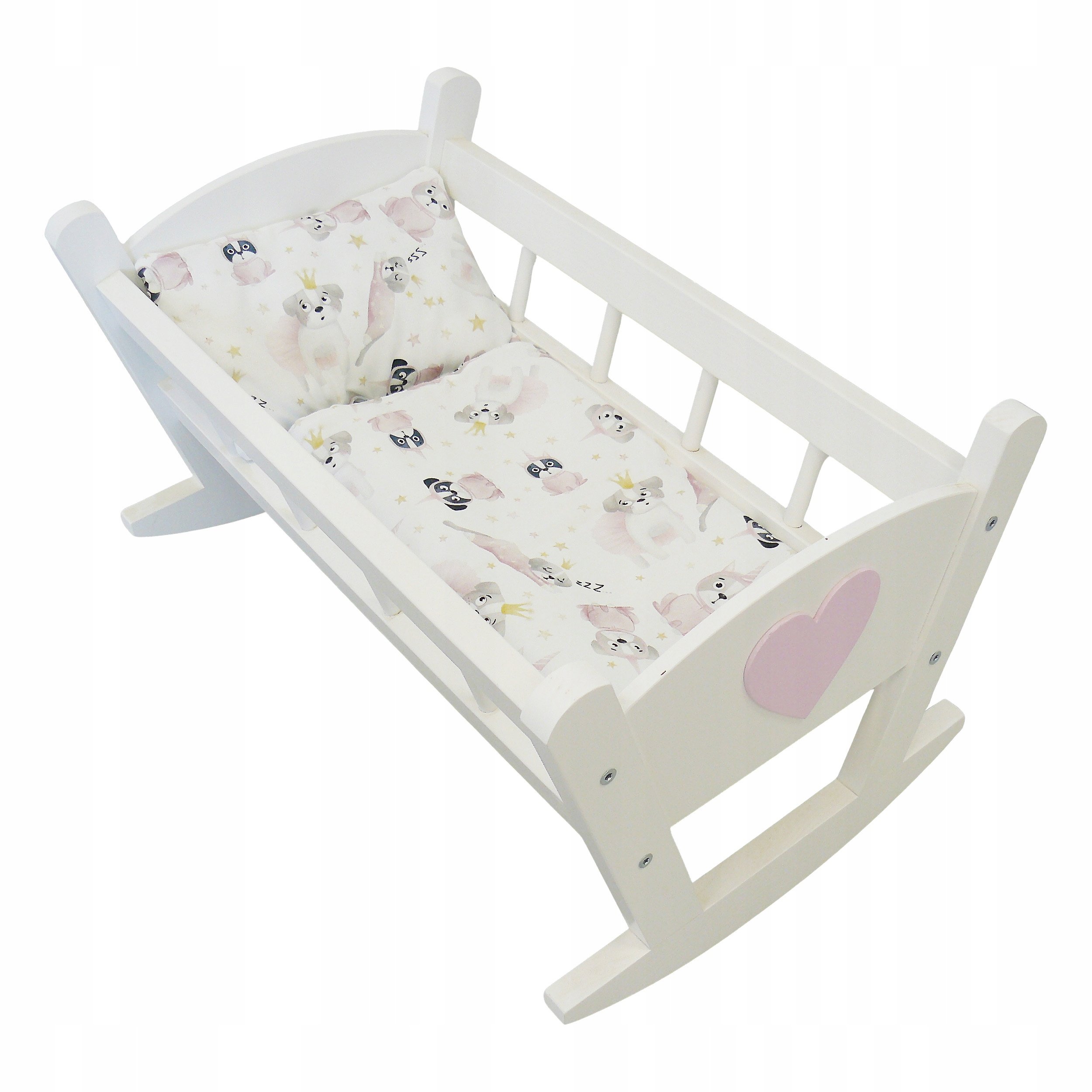 Drewniana Kołyska Dla Lalek Biała Pościel Pieski Pokój Dziecięcy