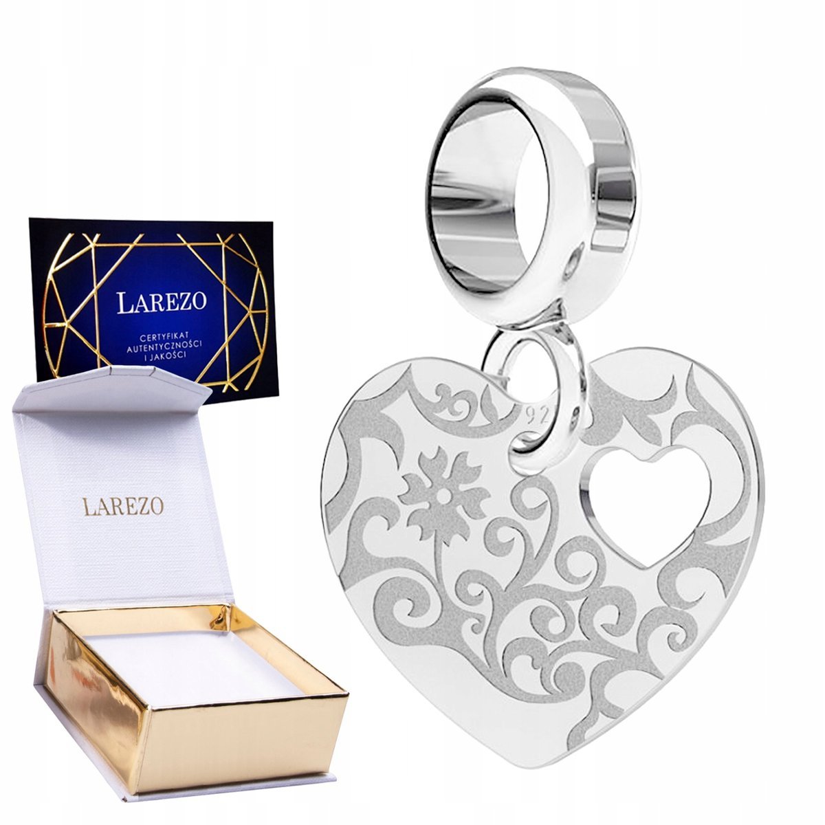 CHARMS SREBRNY Wiszący Blaszka z Sercem Kwiatami Serduszko Kwiat SREBRO 925