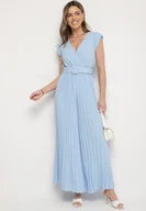 Kombinezony - Jasnoniebieski Kombinezon o Kopertowym Kroju z Plisami i Paskiem w Talii Salivania - miniaturka - grafika 1