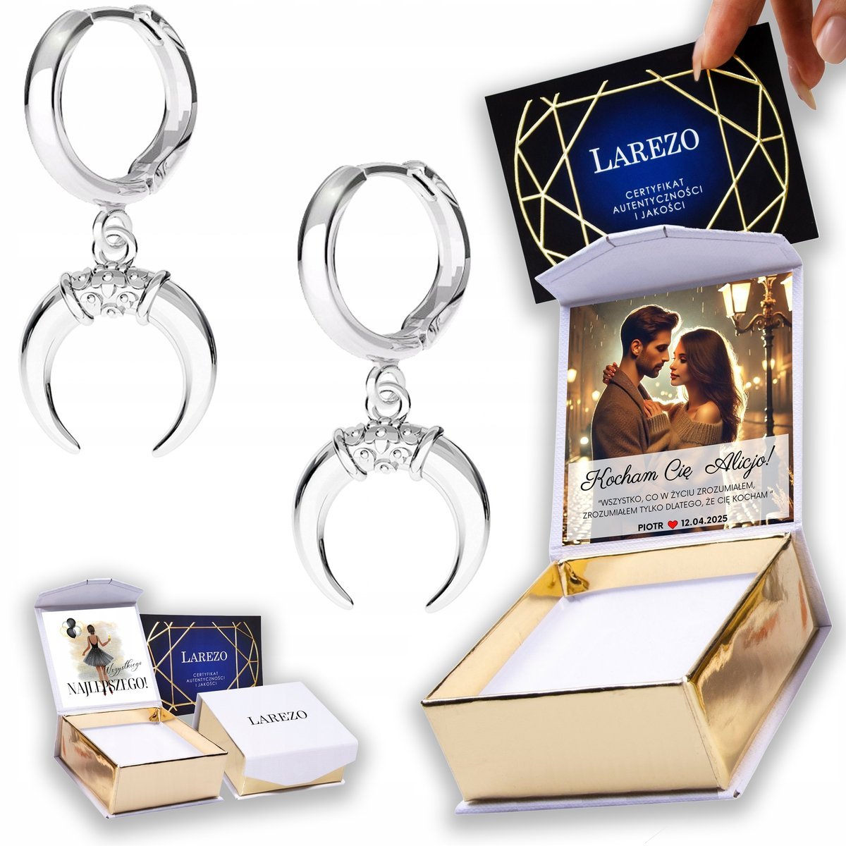 Kolczyki Srebrne 925 Księżyce Rogi Półksiężyce Kosmos Moon NADRUK