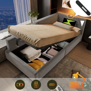 Hydrauliczne łóżko tapicerowane Flieks sofa rozkładana 90x190cm z funkcją ładowania (USB i typ C), łóżko do przechowywania z lampką do czya, łóżko pojedyncze aksamitne, szare - Sofy i kanapy - miniaturka - grafika 1
