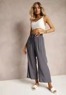Spodnie damskie - Ciemnoszare Spodnie z Bawełny Typu Palazzo z Gumką w Talii Fieana - miniaturka - grafika 1