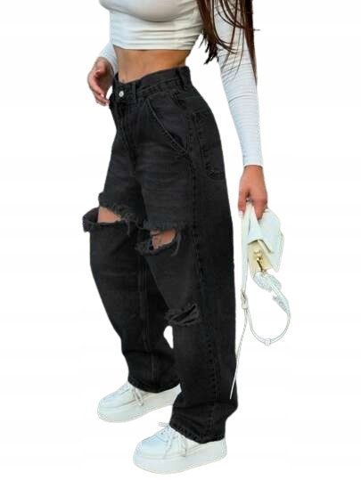 SHEIN CZARNE JEANSY MOM JEANS Z PRZETARCIAMI NA KOLANACH M 1JA