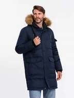 Kurtki męskie - Długa ciepła kurtka męska z kapturem parka granatowa V1 OM-JALJ-0182 XL - miniaturka - grafika 1