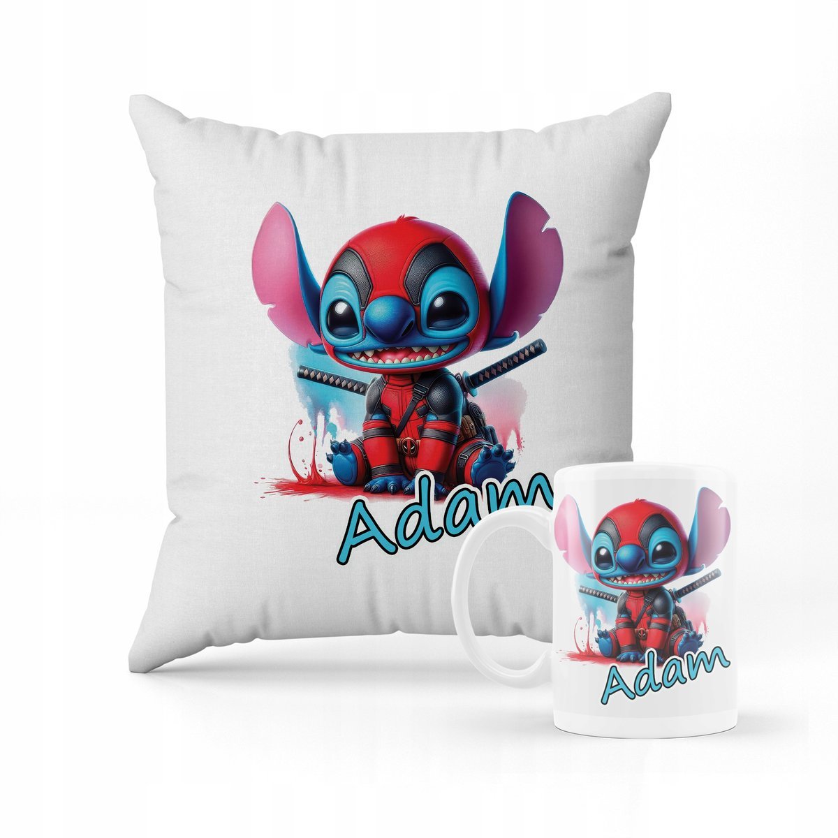 ZESTAW PODUSZKA + KUBEK Prezent STICH DEADPOOL STITCH + IMIĘ #3