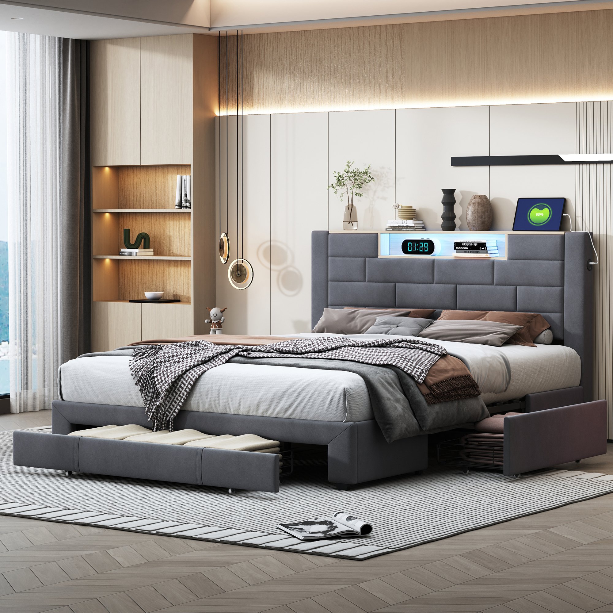 Łóżko tapicerowane Fortuna Lai 160x200 cm z 3 szufladami, zagłówkiem z miejscem do przechowywania, podwójne łóżko młodzieżowe LED i USB, aksamit, szary