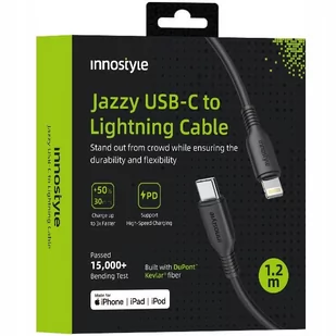 INNOSTYLE JAZZY KABEL USB-C LIGHTNING MFI SZYBKIEGO ŁADOWANIA DO IPHONE KEVLAR 1M CZARNY - Kable USB - miniaturka - grafika 1