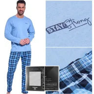 Piżamy damskie - Cornette Piżama Męska Długi Rękaw Niebieska Kratka Strong Bawełniana XL - miniaturka - grafika 1