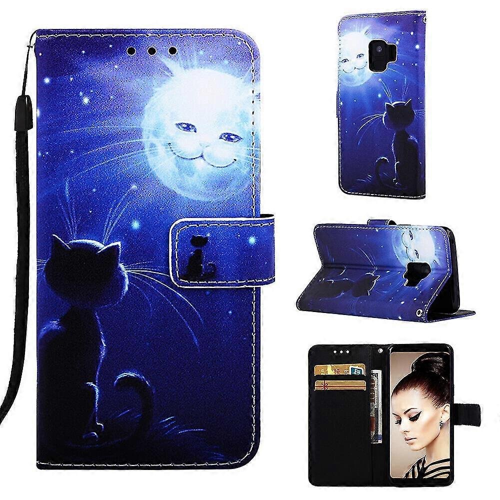 Nowy kompatybilny z Samsung Galaxy S9 Case Skórzany pokrowiec na portfel z uchwytem na kartę Wzór podpórki - kot i słońce