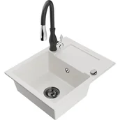 Zlewozmywaki z baterią - Mexen Enzo zlewozmywak granitowy 1-komorowy z ociekaczem i baterią kuchenną Savita, biały - miniaturka - grafika 1