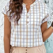 Inne - Bluzka z kołnierzykiem z nadrukiem w kratę, swobodna bluzka z krótkim rękawem zapinana na guziki na wiosnę i lato, odzież damska - miniaturka - grafika 1