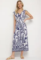 Sukienki - Niebieska Sukienka z Roślinnym Wzorem i Kopertowym Dekoltem z Gumką w Talii Orrune - miniaturka - grafika 1