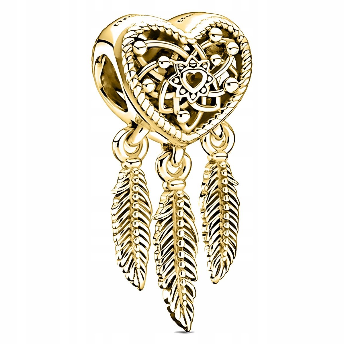 Złoty Charms Serce Wiszący Ażurowy z Łapaczem Łapacz Snów SREBRO 925