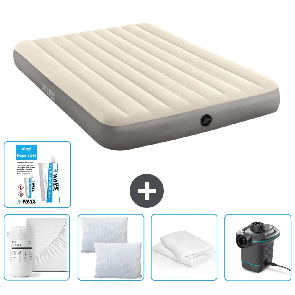 Łóżko powietrzne Intex - 2 osoby - 152 x 203 x 25 cm - beżowe - w zestawie prześcieradło - pocałunek - pompka - zestaw naprawczy en ochraniacz na poduszkę