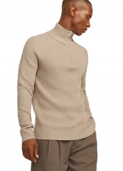 JACK & JONES BEŻOWY SWETER MĘSKI PÓŁGOLF Z ZAMKIEM M 1J9A