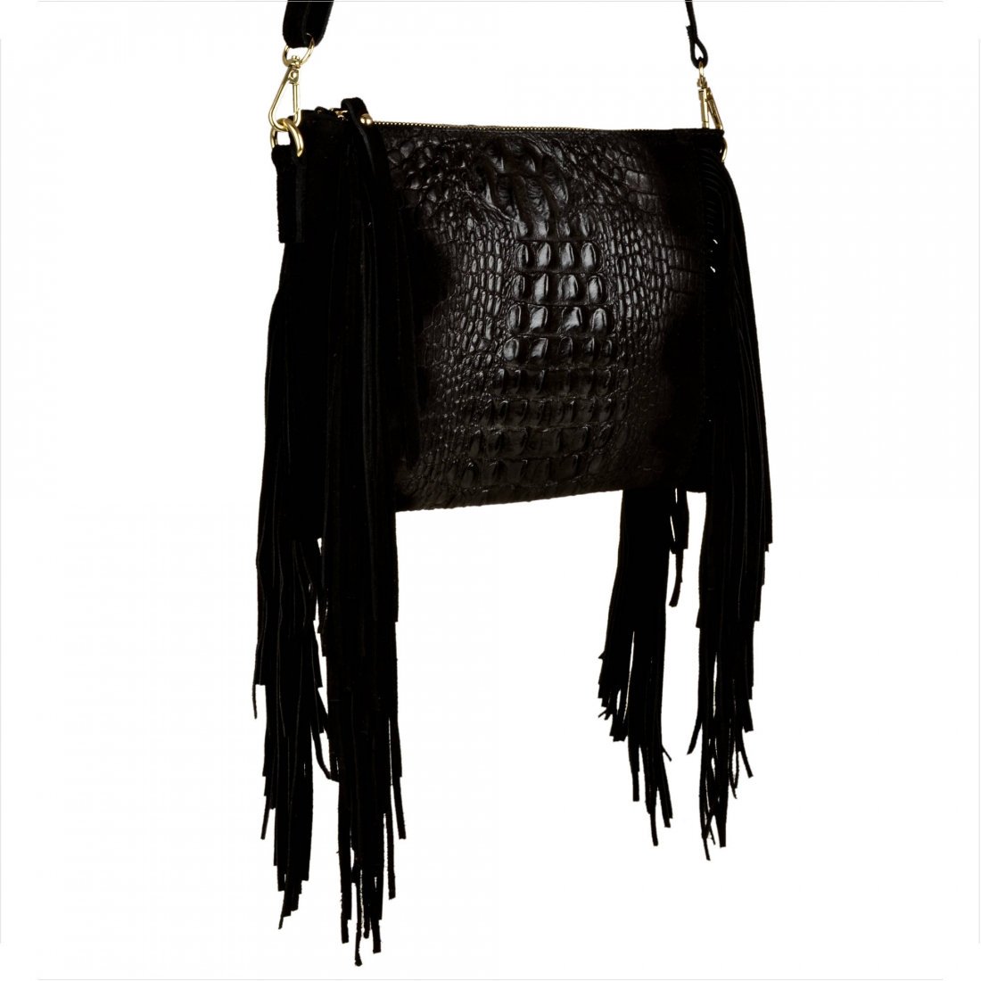 Włoska listonoszka z frędzlami skóra naturalna czarna wzór aligatora