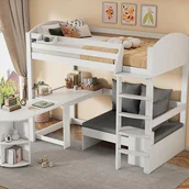 Łóżka dla dzieci i młodzieży - Łóżko antresola 90x200 cm z drewna - z biurkiem i sofą do przechowywania - Biały - miniaturka - grafika 1