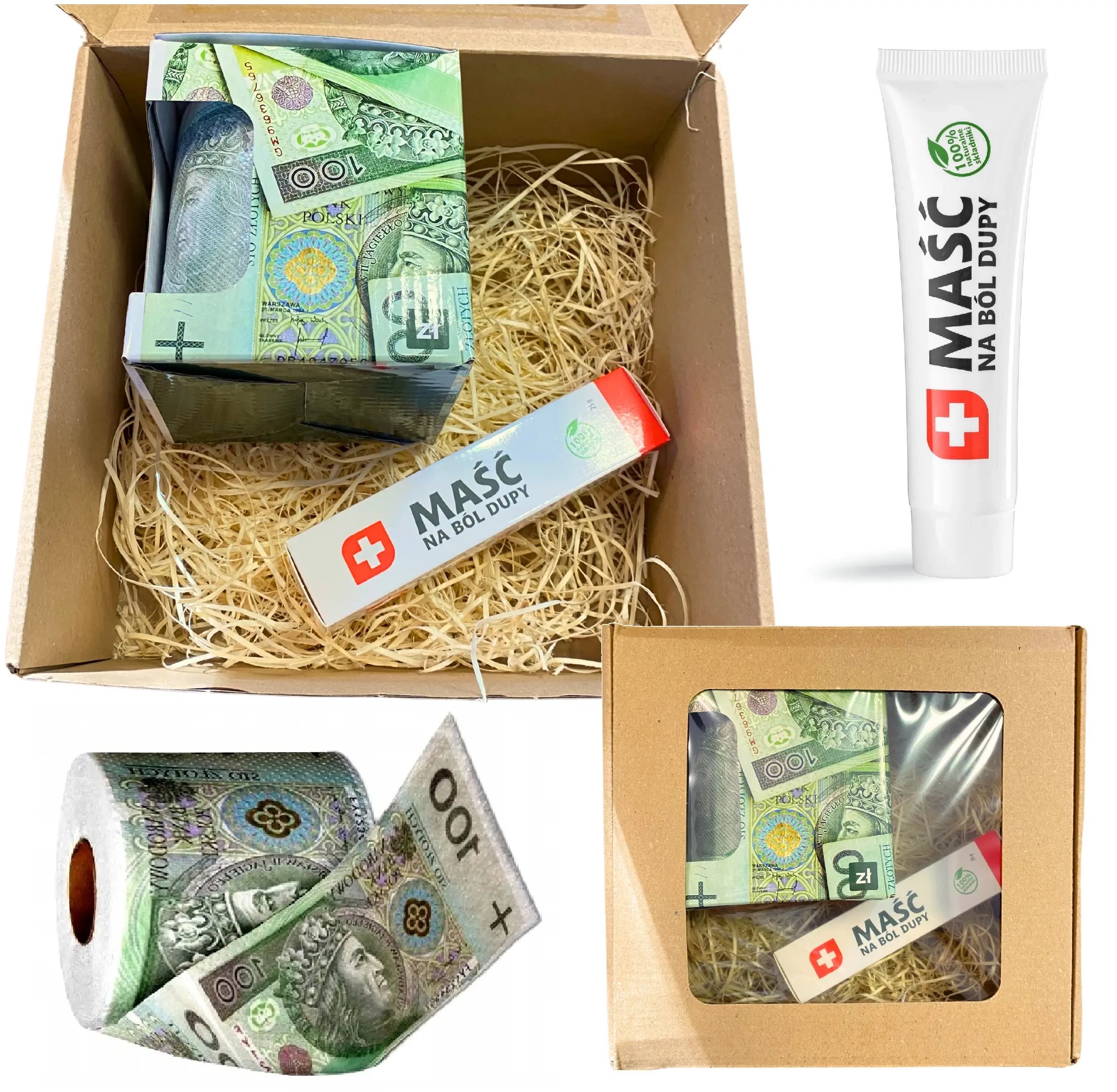 Dowcipny Zestaw - Papier Toaletowy 100 zł + Maść na Ból Dupy