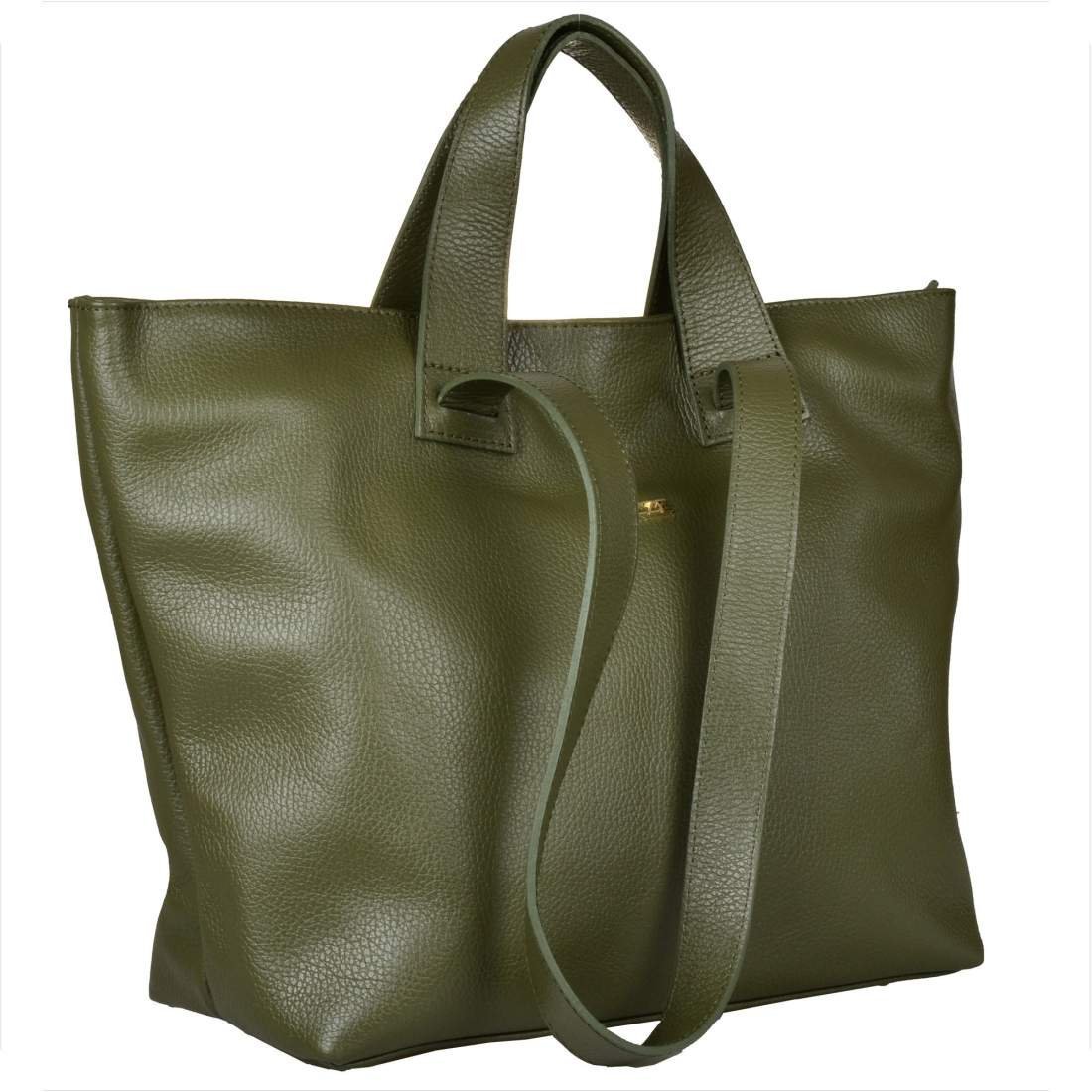 VEZZE Torba skórzana shopper bag zielona oliwka złote okucia na ramię i do ręki