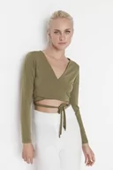 Body - Trendyol Damska bluzka z dzianiny typu slim bodycone, dekolt w serek, Khaki, XL - miniaturka - grafika 1