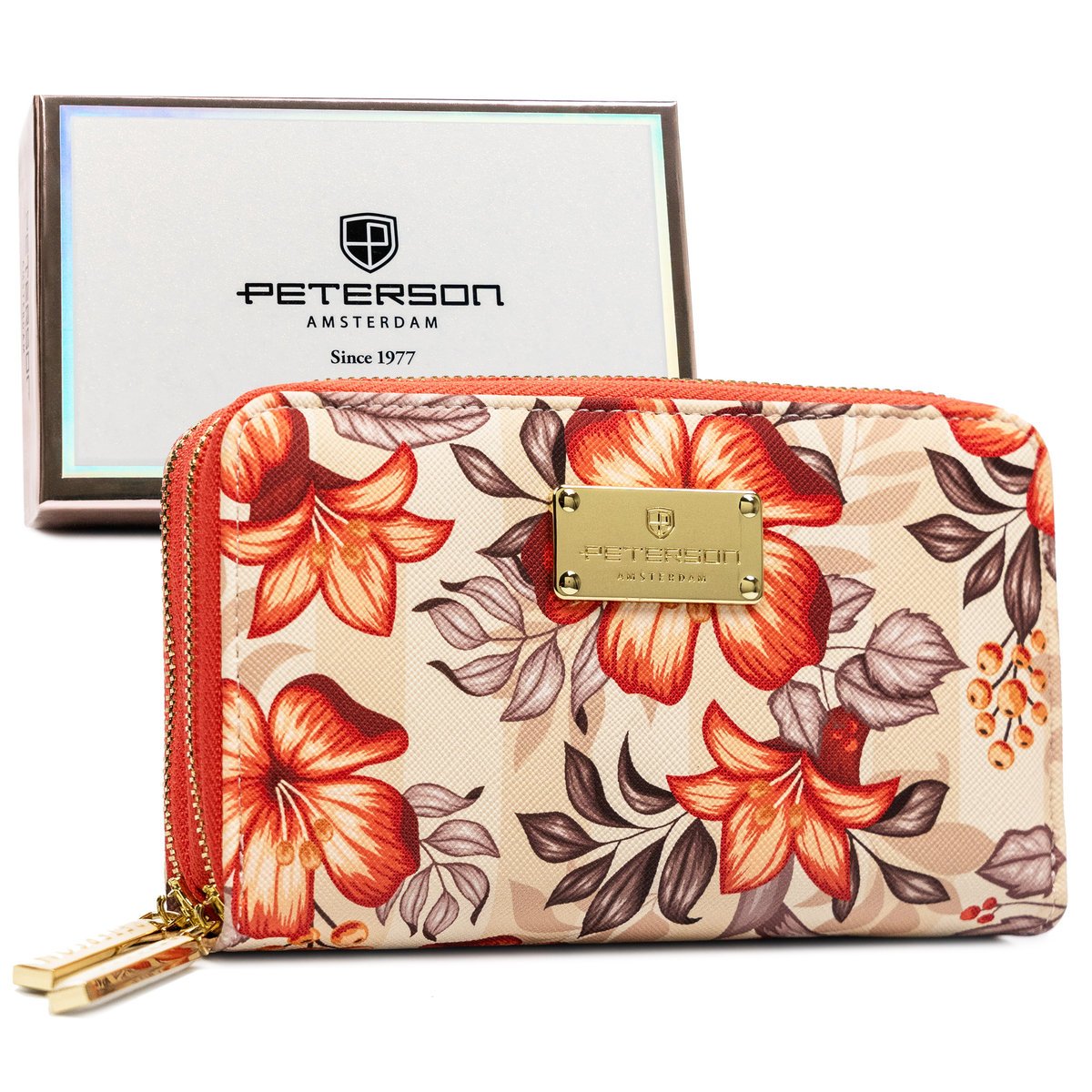 Kolorowy poziomy portfel damski na suwak typu piórnik skóra ekologiczna PETERSON średniej wielkości w kwiaty rozbudowany na karty pudełko prezentowe..