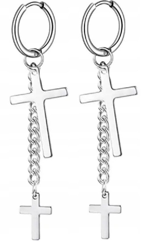 Kolczyki Do Uszu HUGGIE Łańcuch Krzyż Krzyżyk STAL