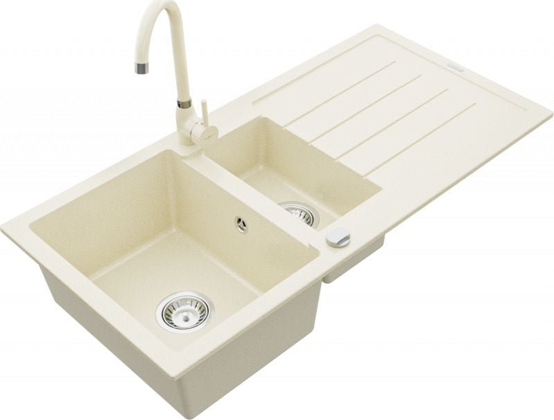Mexen Zlewozmywak  Andres granitowy 1,5-komorowy z ociekaczem i baterią kuchenną Telma, beżowy - 6515-69-670200-69