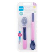 Miseczki i talerzyki dla dzieci - MAM Heat Sensitive Spoons & Cover 6m+ Pink naczynia Łyżka długa 1 sztuka + łyżka krótka 1 sztuka + etui na łyżkę dla dzieci - miniaturka - grafika 1