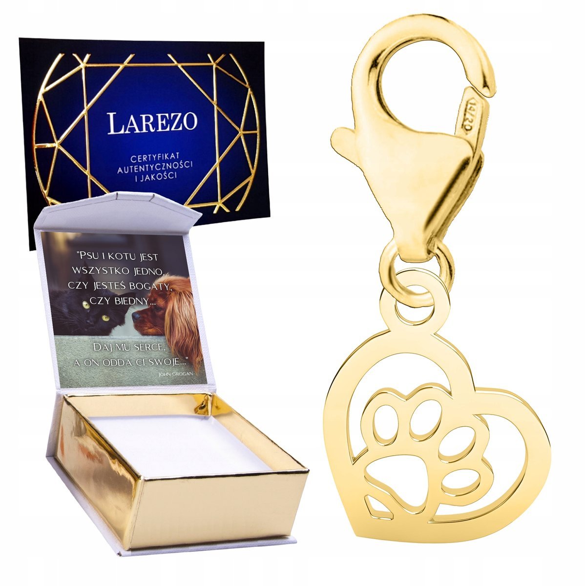 ZŁOTA ZAWIESZKA 925 Wisząca Psia Kocia Łapka Łapa Psa Kota Serduszko NADRUK