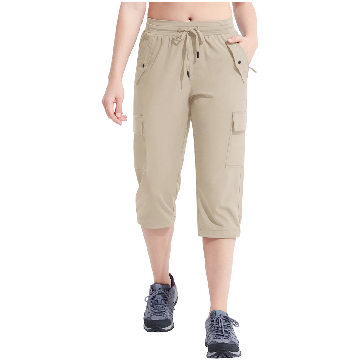 Damskie Spodnie 3/4 Cargo Trekkingowe Wodoodporne Sportowe Capri Beżowe L