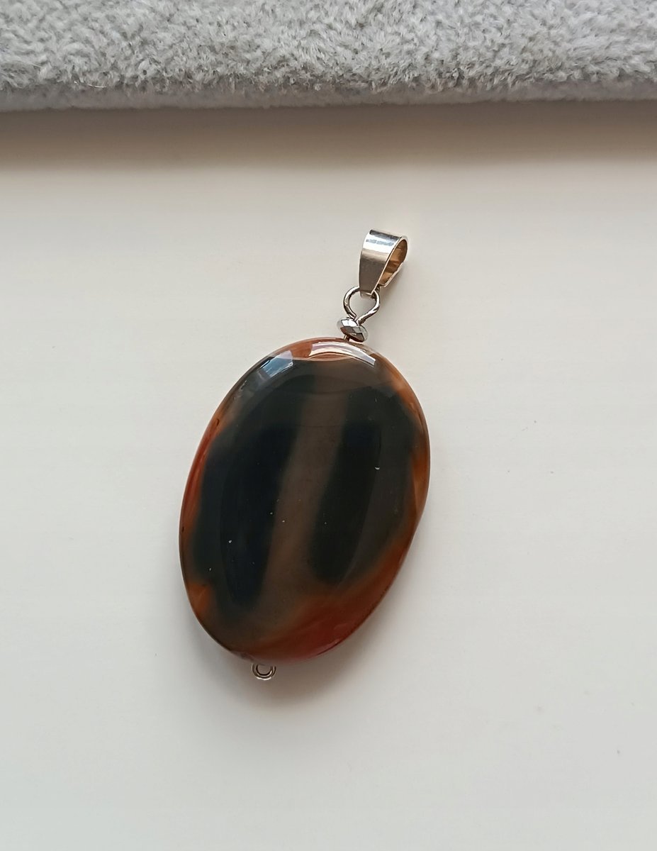 OWALNA ZAWIESZKA WISIOREK BRĄZOWY AGAT KARNEOL GŁADKI SREBRO 4cm x 3cm