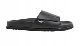 PEPE JEANS CZARNE MĘSKIE KLAPKI ZE SKÓRY Z LOGO 45 AWJ - Klapki i japonki męskie - miniaturka - grafika 1