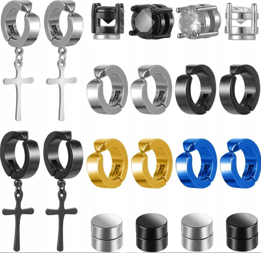 KOLCZYKI MAGNETYCZNE ZE STALI NIERDZEWNEJ NA SZTYFCIE ZESTAW 10 PAR PREZENT