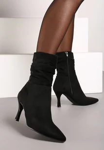 Czarne Botki na Niskiej Szpilce z Imitacji Zamszu z Marszczoną Cholewką Saviraen - Botki damskie - miniaturka - grafika 1