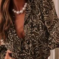 Koszule damskie - TEMU Elegancka Bluzka Damska w Różowo-Fioletowe Wzory Paisley z Bufiastymi Rękawami - Tunika o Długich Rękawach ze Stójkową Kołnierzyczką, - miniaturka - grafika 1