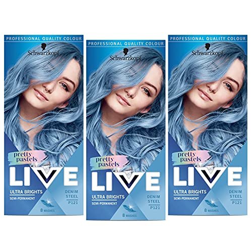 Schwarzkopf Live Ultra Brights Pretty Pastels Farba do włosów półtrwała do 8 myć P121 Denim Steel, trójpak (3x142 ml)