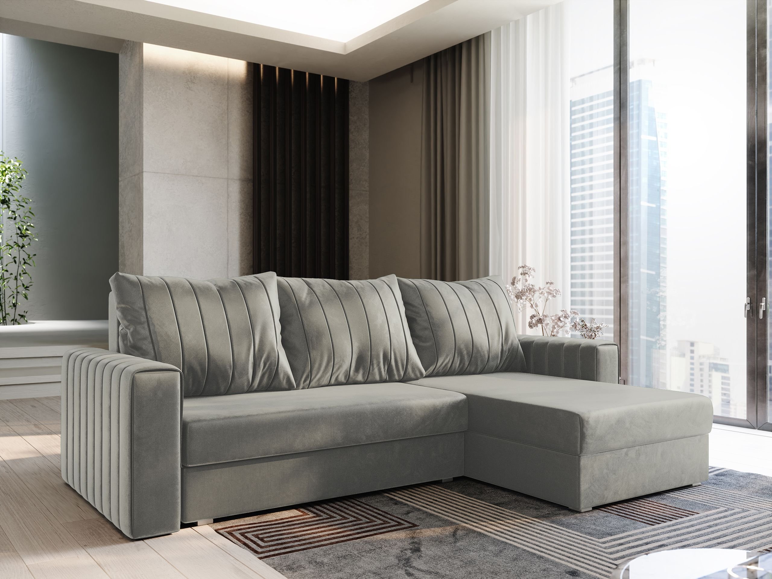 Masseno Narożnik CARL z funkcją spania i pojemnikiem na pościel Kształt L, Rozkładana sofa, Rogówka - Jasnoszary, PAROS 05