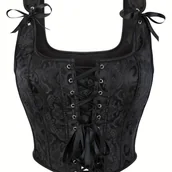 Inne - TEMU Elegancki Czarny Koronkowy Top z Kwiatowym Żakardem dla Kobiet - Wiązanie na Plecach, Kontrola Brzucha, Odkryte Ramiona z Kokardką, Idealny na - miniaturka - grafika 1