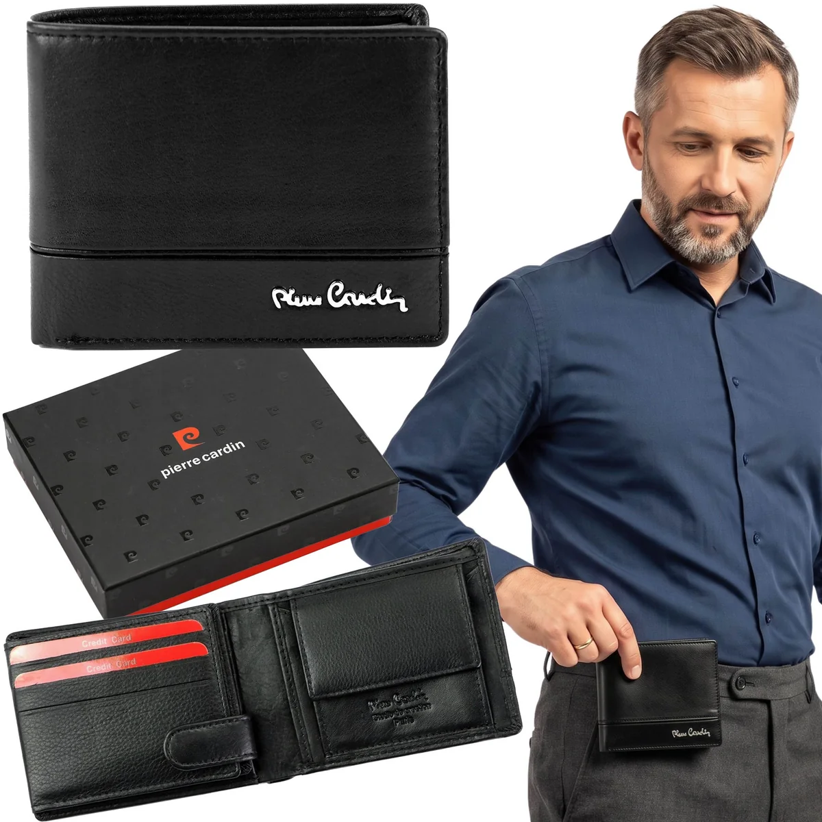 Pierre Cardin Czarny SKÓRZANY portfel męski, BEZPIECZNY RFID, SKÓRA naturalna, NA PREZENT