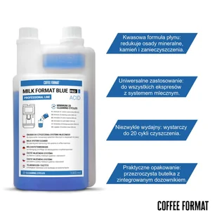 Płyn do czyszczenia spieniacza MILK FORMAT BLUE PRO ACID 1l Coffee Format - Akcesoria i części do ekspresów do kawy - miniaturka - grafika 1