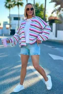 Swetry damskie - Krótki, lekki kardigan oversize w paski - kakao/baby róż One size Sploty - miniaturka - grafika 1