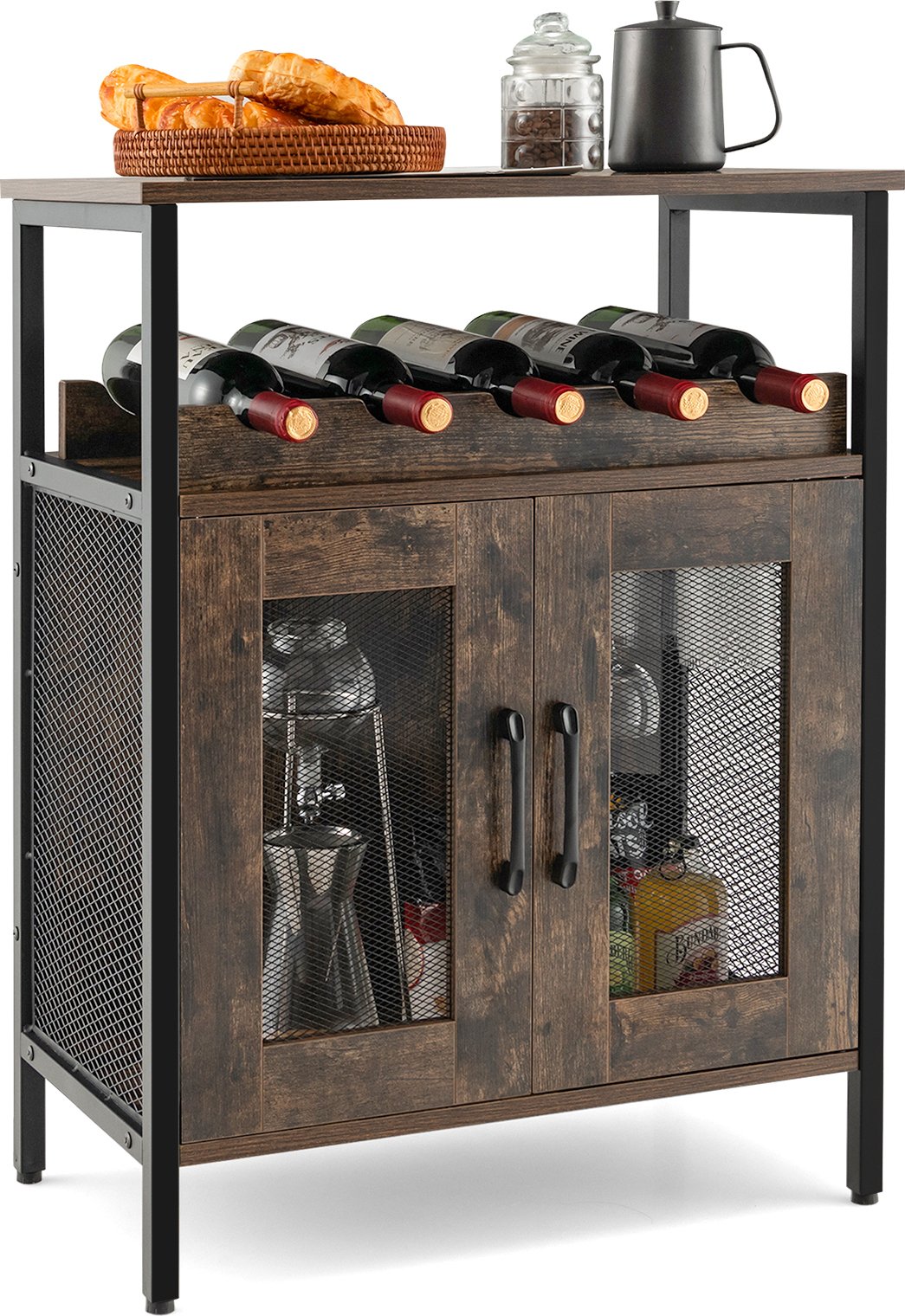 COSTWAY Vintage szafka na wino z wyjmowanym stojakiem na wino i zintegrowanymi uchwytami na kieliszki, drewniana komoda, kredens 60 x 34 x 79 cm
