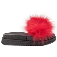 Klapki i japonki damskie - SHELOVET Klapki Z Futerkiem czerwone - ButyModne - miniaturka - grafika 1