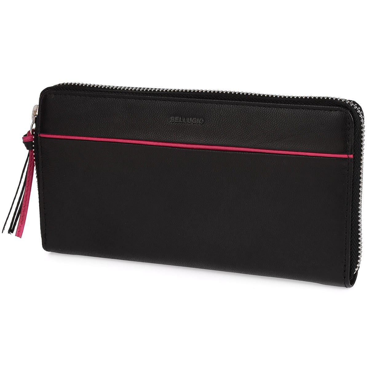 Długi portfel damski skórzany z różową wstawką i suwakiem